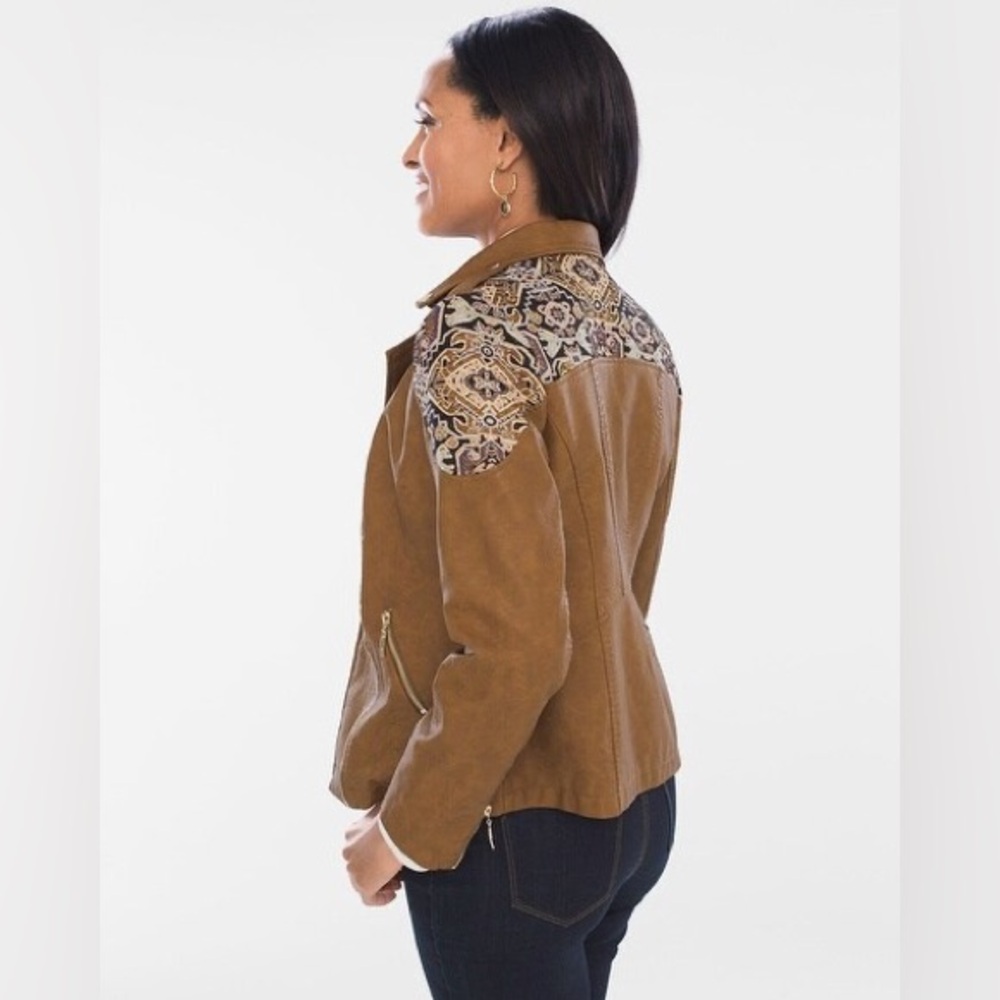 Chico's Faux Leather Vegan Brown Zip Up Moto Short Jacket Size 0/Small #1348